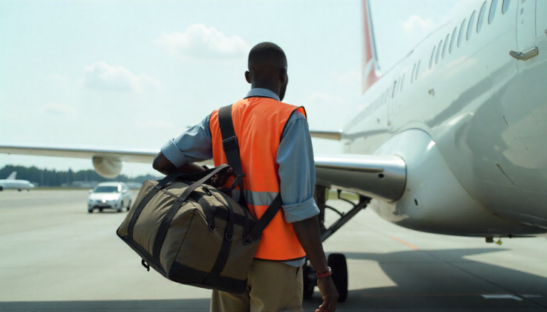 an african worker boarding a plane