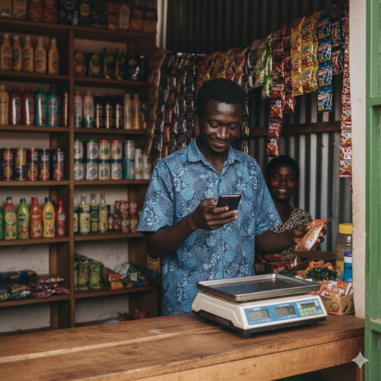 A young man in a brightly patterned shirt checks his phone in a small shop in East Africa, surrounded by goods on shelves — featured in the Jobtech for Refugees Phase 1 report.