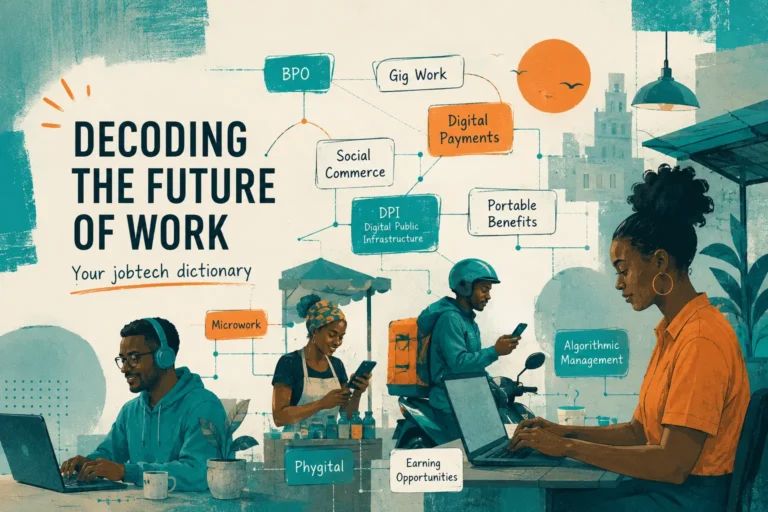 Illustration titled Decoding the future of work: your jobtech dictionary, showing remote workers on laptops, a market trader and a delivery rider, linked by terms such as BPO, gig work, DPI and portable benefits