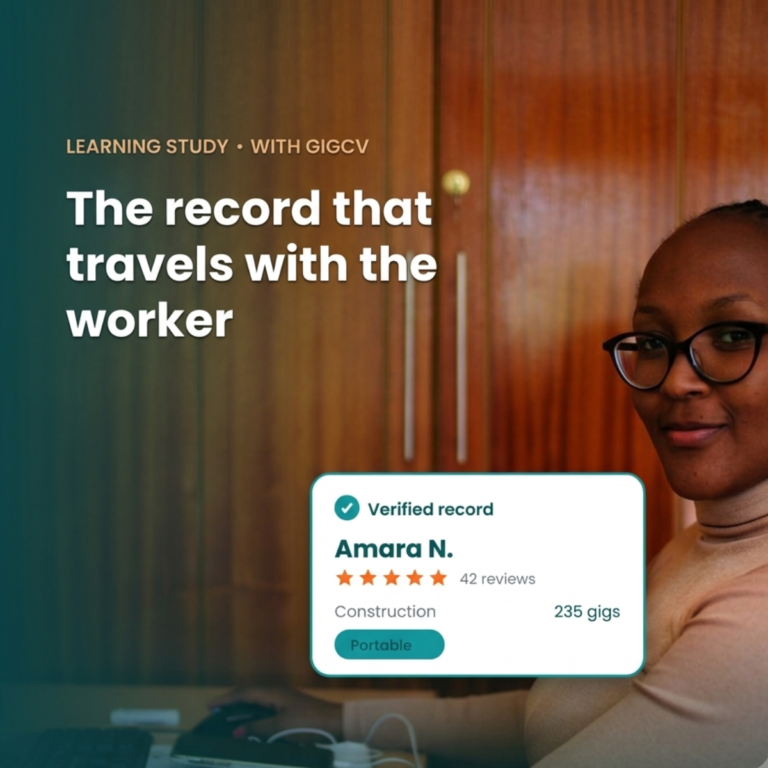A woman working at her desk with a data dashboard on her monitor, overlaid with a verified work record card, illustrating portable data for platform workers.