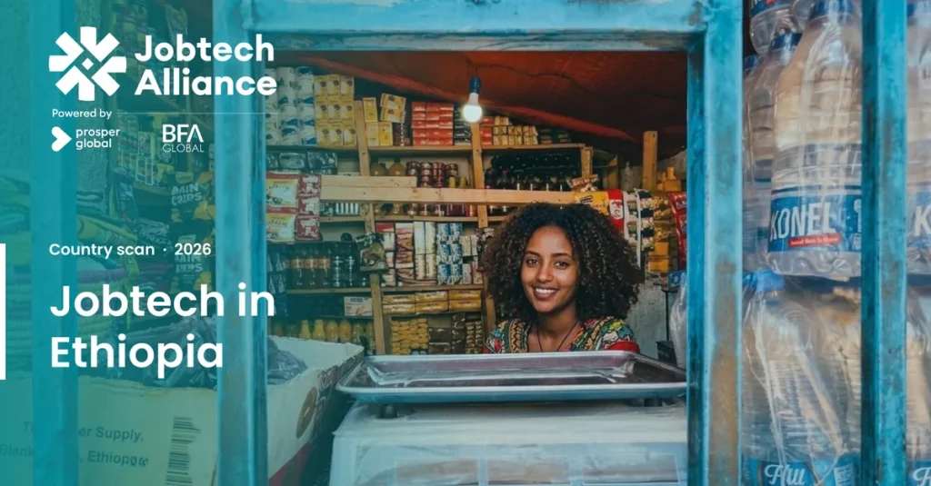 Cover of Jobtech in Ethiopia, Jobtech Alliance's 2026 country scan of 73 platforms, showing a shopkeeper smiling from her kiosk