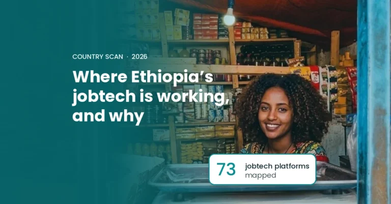 A shopkeeper smiles from her kiosk in Ethiopia, beside the headline 'Where Ethiopia's jobtech is working, and why' and a card reading '73 jobtech platforms mapped'